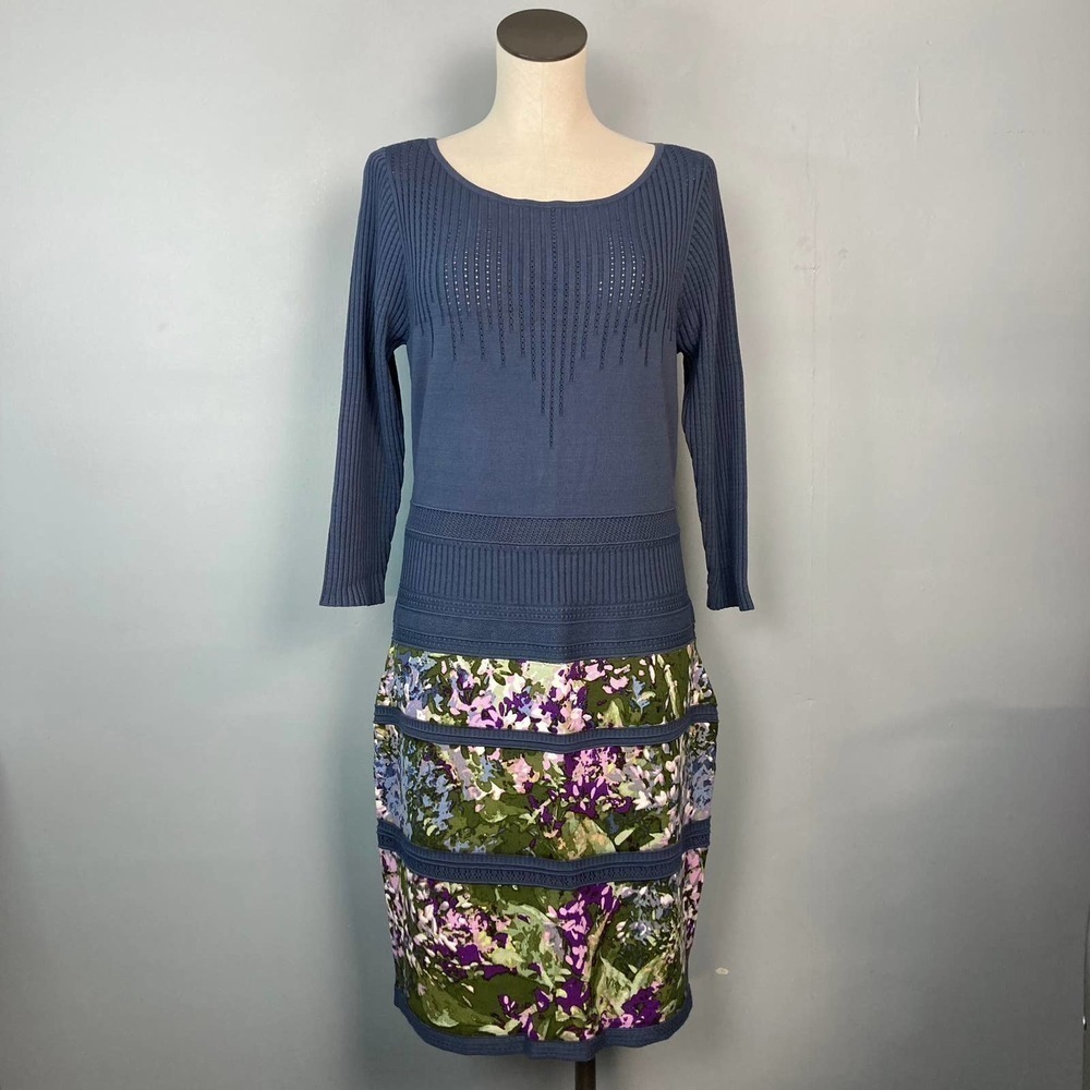 WHITE House Black Market Long Sleeve Block Print Sweater Dress Large True Indigo